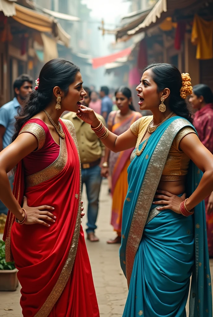 Two women in vibrant, traditional sarees are arguing passionately in a bustling marketplace. One woman, wearing a red saree with gold embroidery, has her hands on her hips, her expression fierce and determined. The other woman, dressed in a blue saree with silver patterns, is pointing angrily, her face contorted in frustration. Around them, bystanders look on in shock and curiosity, creating a lively and chaotic scene filled with colorful stalls, fruits, and fabrics. The women's aggressive body language and intense expressions suggest a heated and emotional argument."