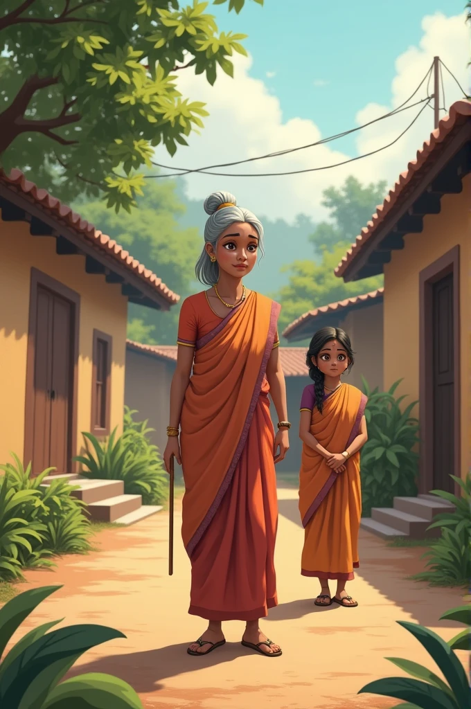 **1. Village Setting with Suman and Her Son’s Family:**
*"A small, peaceful village with traditional Indian houses. An elderly woman, Suman, with gray hair tied in a bun and wearing a simple saree, stands in the courtyard. She has a thoughtful expression on her face as she watches her son and his newlywed wife, Rati, entering the home. Rati is a young woman, modestly dressed in a traditional saree, looking a bit nervous."*