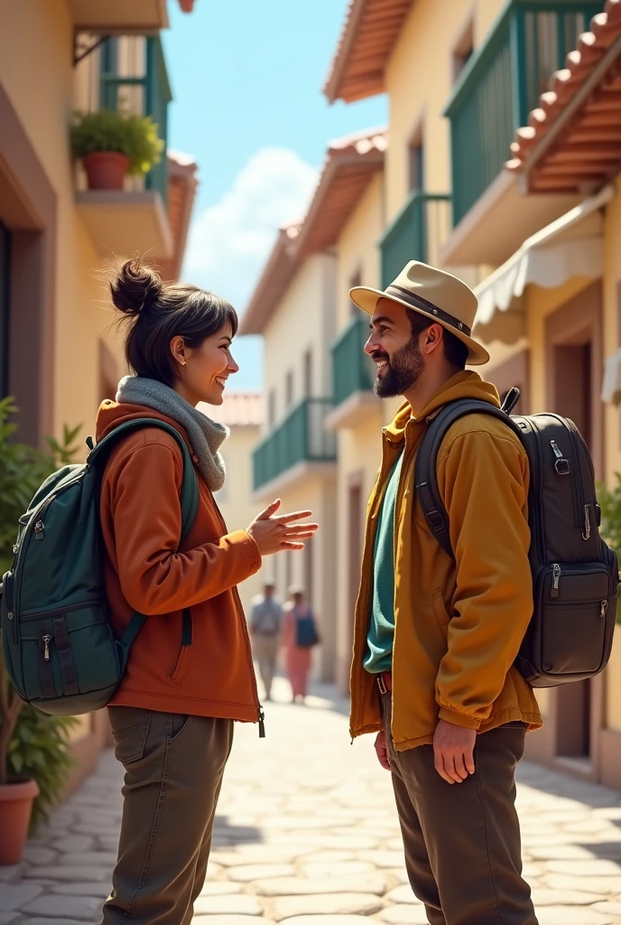 An image of a traveler chatting with a local on a picturesque street. The traveler is using phrases in the local language, and the local is smiling and responding kindly. The scene conveys a sense of connection and cordiality., with a typical architecture in the background.