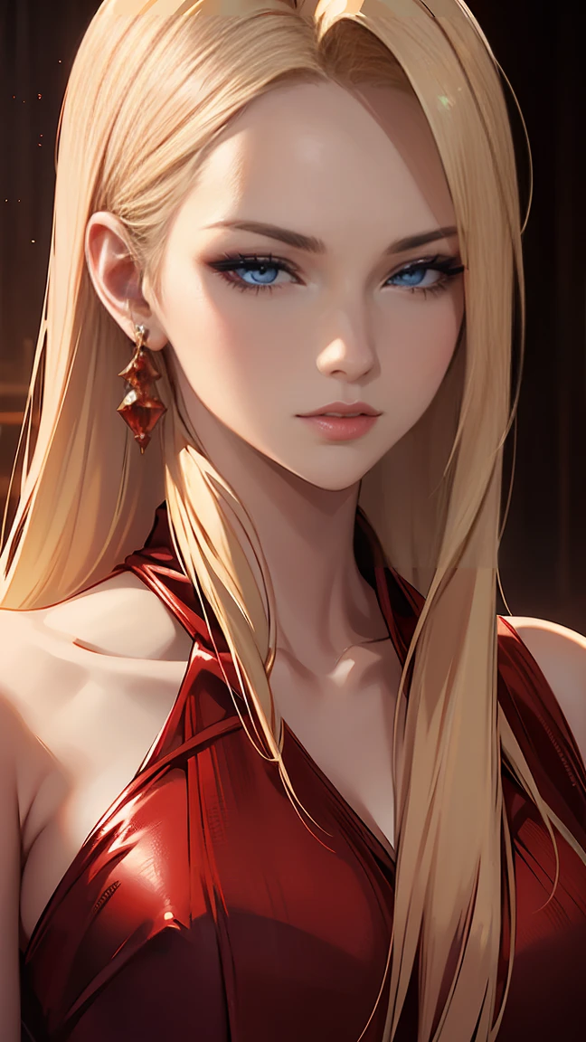 a beautiful young woman in a stunning red dress, seductively winking, flirtatious expression, detailed facial features, porcelain skin, long blonde hair, elegant pose, natural lighting, photorealistic, 8k, hyper detailed, masterpiece, dramatic lighting, cinematic, dramatic colors, vivid, oil painting