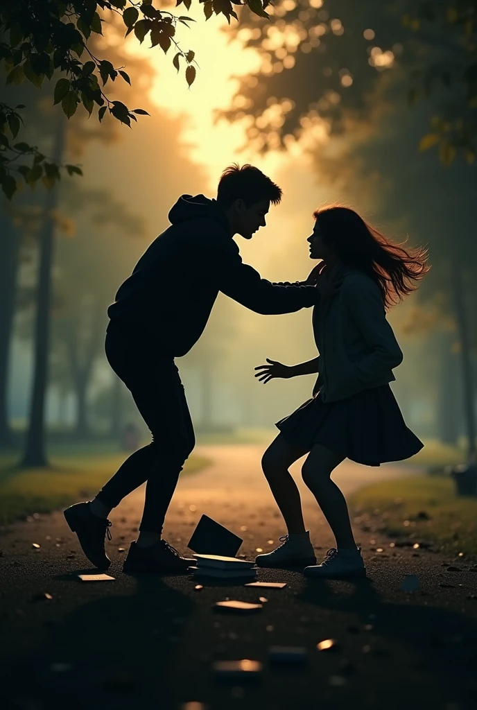 Black dark silhouette of an adult girl and boy hitting each other,The girl falling to the ground romance while her books fall to the ground but a stumble the girl falls to the ground no matter what she must be lying down at the same time the background is a park