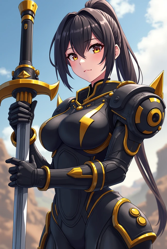 (ponytail forehead hair pulled back:1.3), (black hair:1.3), a drawing of a female character with a sword and armor, anime style, from girls frontline, fine details. girls frontline, girls frontline universe, girls frontline style, girls frontline, girls frontline cg, 2 0 2 2 anime style, 2022 anime style, pixiv contest winner, concept art 2022, interesting character design, black armor with yellow accents, in monster hunter armor, mechanized valkyrie girl, armor girl, anime mech armor, anime concept art,best anime character design
