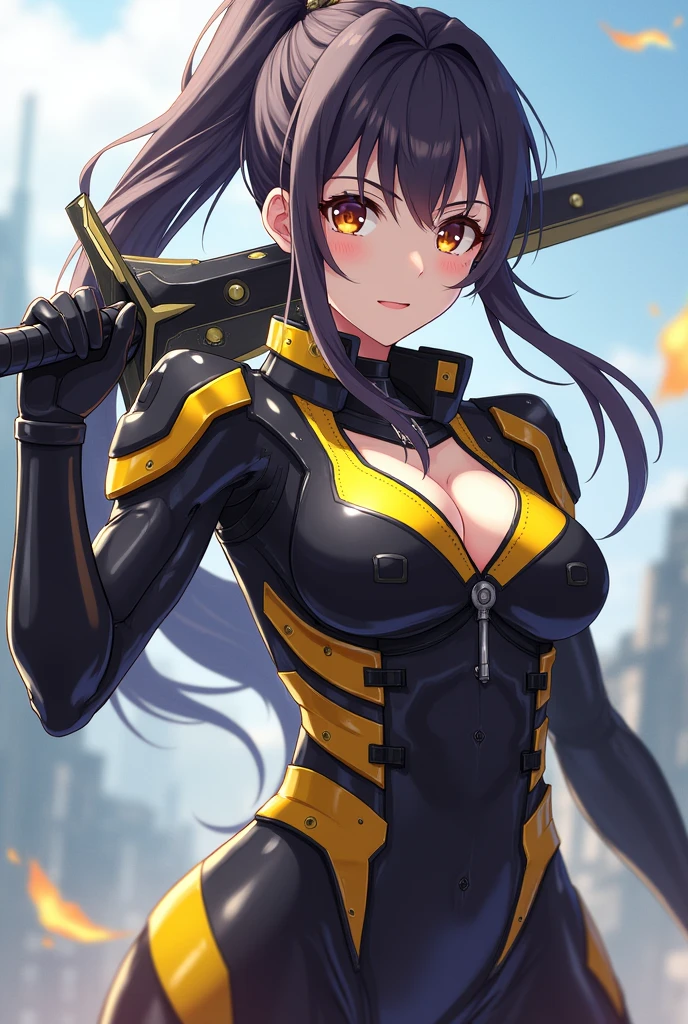 (ponytail forehead hair pulled back:1.3), (black hair:1.3), a drawing of a female character with a sword and armor, anime style, from girls frontline, fine details. girls frontline, girls frontline universe, girls frontline style, girls frontline, girls frontline cg, 2 0 2 2 anime style, 2022 anime style, pixiv contest winner, concept art 2022, interesting character design, black armor with yellow accents, in monster hunter armor, mechanized valkyrie girl, armor girl, anime mech armor, anime concept art,best anime character design
