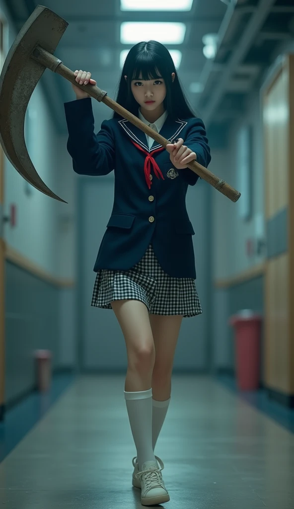 Real, Wide Shot, 1. Female, Japanese Teen, Straight Long Hair, Big, sharp eyes shining brightly, Long eyelashes, A navy blue blazer with a red ribbon tie over a white dress shirt, Checked mini skirt, Tokyo Metropolitan High School Uniforms、white calf,White sneakers, A large scythe is the weapon of choice、He has a big scythe like the Grim Reaper, Horikita Maki, Gogo Yubari, Kill Bill, indoor, Bokeh effect, Depth of written boundary, 超Real, Professional photography, Cinema Lighting,Round eyes,Fair skin,Raising his scythe,Navy blue socks