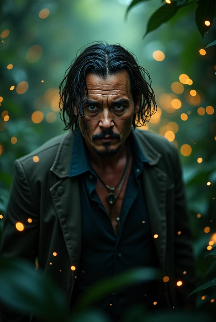 masterpiece, johnny depp walking through jungle at night among fireflies, (high detail:1 1), rough face, natural skin, high quality, nsfw, beautiful eyes, (detailed face and eyes), (face: 1 2), noise, extra, real photo, PSD, lamp film photography, sharp focus, contrast lighting, detailed skin, high resolution 8k, crazy detail, realistic, professional photography, 8k UHD, SLR camera, soft lighting, high quality, film grain, Fujifilm XT3