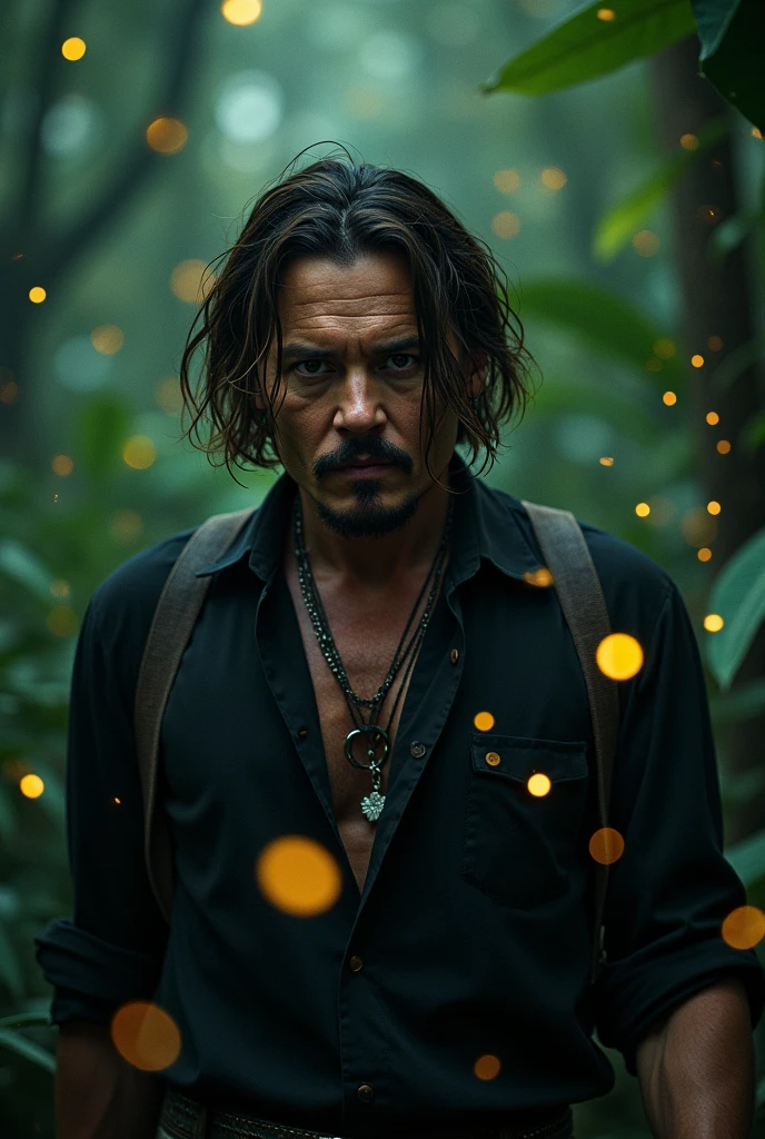 masterpiece, johnny depp walking through jungle at night among fireflies, (high detail:1 1), rough face, natural skin, high quality, nsfw, beautiful eyes, (detailed face and eyes), (face: 1 2), noise, extra, real photo, PSD, lamp film photography, sharp focus, contrast lighting, detailed skin, high resolution 8k, crazy detail, realistic, professional photography, 8k UHD, SLR camera, soft lighting, high quality, film grain, Fujifilm XT3
