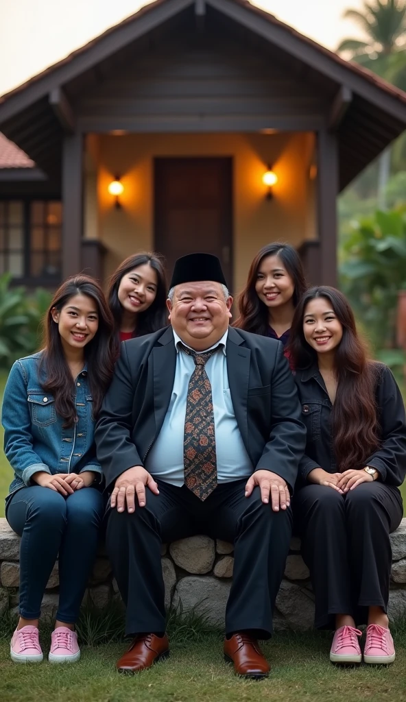 A 60 year old Asian man, clean face without mustache and beard, wear a black Muslim cap, wear a jacket and tie and trousers, wearing leather shoes, sit down, smile facing the camera, Beside him there are 6 beautiful Indonesian women, his body is quite fat, fair skin, big nose, long wavy hair, wearing a denim jacket, long pants, wearing pink sneakers, sit down, happy face facing the camera, in front of the country house, evening atmosphere, minimal defects, very detail, realistic, 8K picture