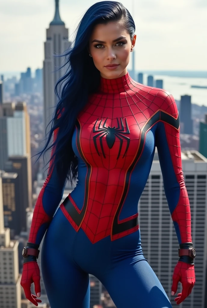 A live-action female Spider-Man。She is wearing the classic Spider-Man costume.、Red and blue suit with black Spider-Man logo on chest。The suit fits well to the body、The chest is very large and emphasized。The cleavage is emphasized、The suit design is the same as the original.。Hairstyles are long、Make it dark blue、Bundled at the back。Her posture is confident、Taking a Spider-Man-like action pose。The background is a New York cityscape.、Lined with skyscrapers、Imagine Spider-Man flying over a city.。