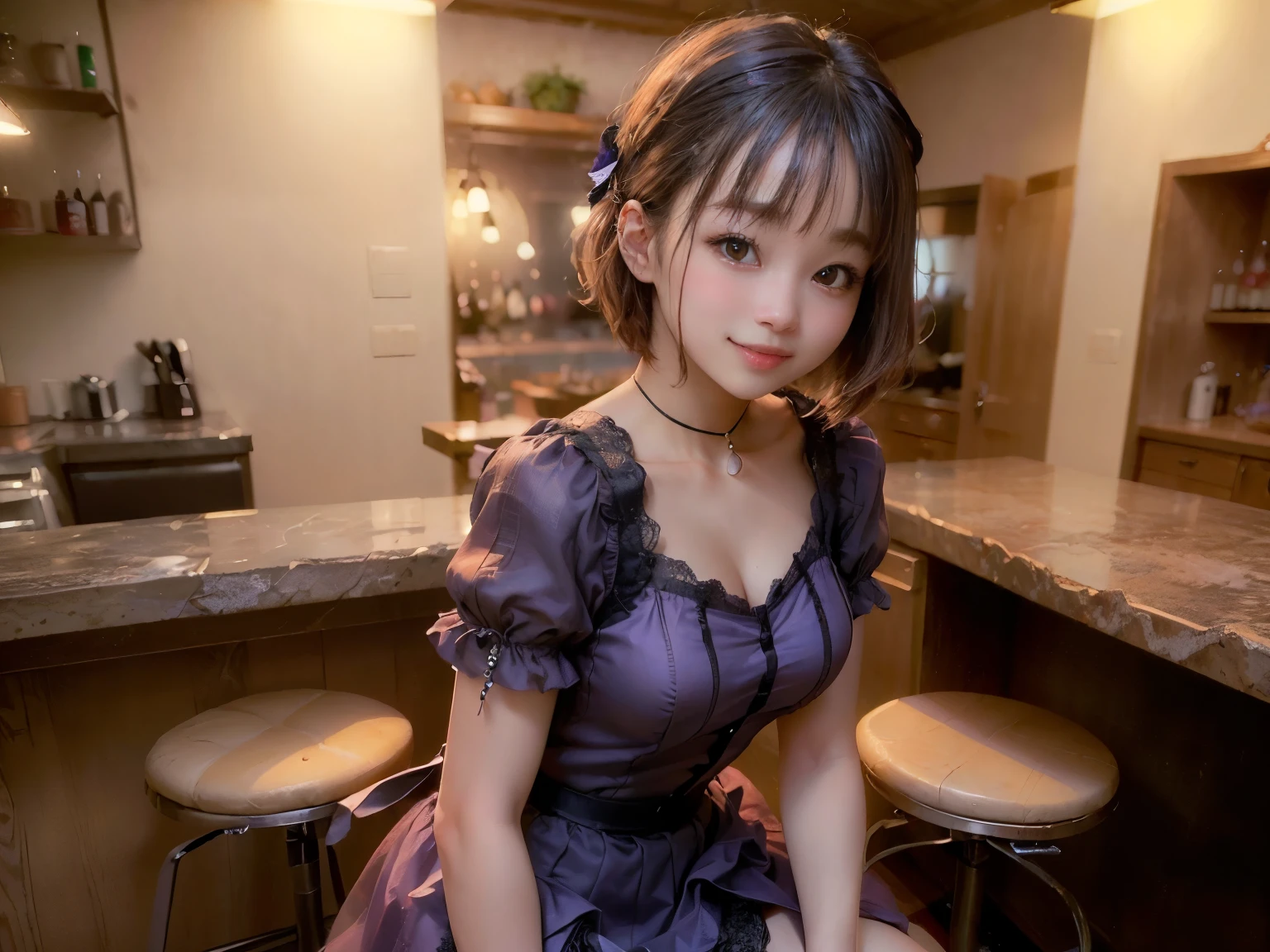 (Highest quality, masterpiece, Ultra-high resolution, 8k, RAW Photos, Realistic, Anatomically correct:1.5), 20-year-old girl:1.2, Embarrassing, avert your eyes, blush:1.0, View Viewer, ((bar)) 、Large windows、Night view、 Light:1.2, Bokeh, Cinema Lighting:1.0, Depth of written boundary, sharp、 Cute Face、Idol、(Black short sleeve lace top)、(Black tulle skirt)、(Purple clothes)、”dwarf”、(Full Body Shot)、(Side angle)、Cowboy Shot、( smile)、((Ultra short hair、Berry Short))、(Straight bangs)、((See-through))、(( One woman))、look back、I can see your belly button、