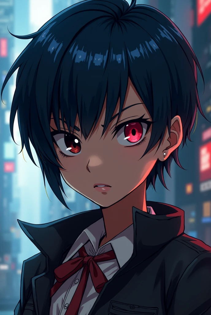 Create a girl with a man&#39;s haircut, that your hair color is dark blue ,that he has a serious expression and that his eye colors are one red and one black, that your skin is brown ,my hero academia style 

