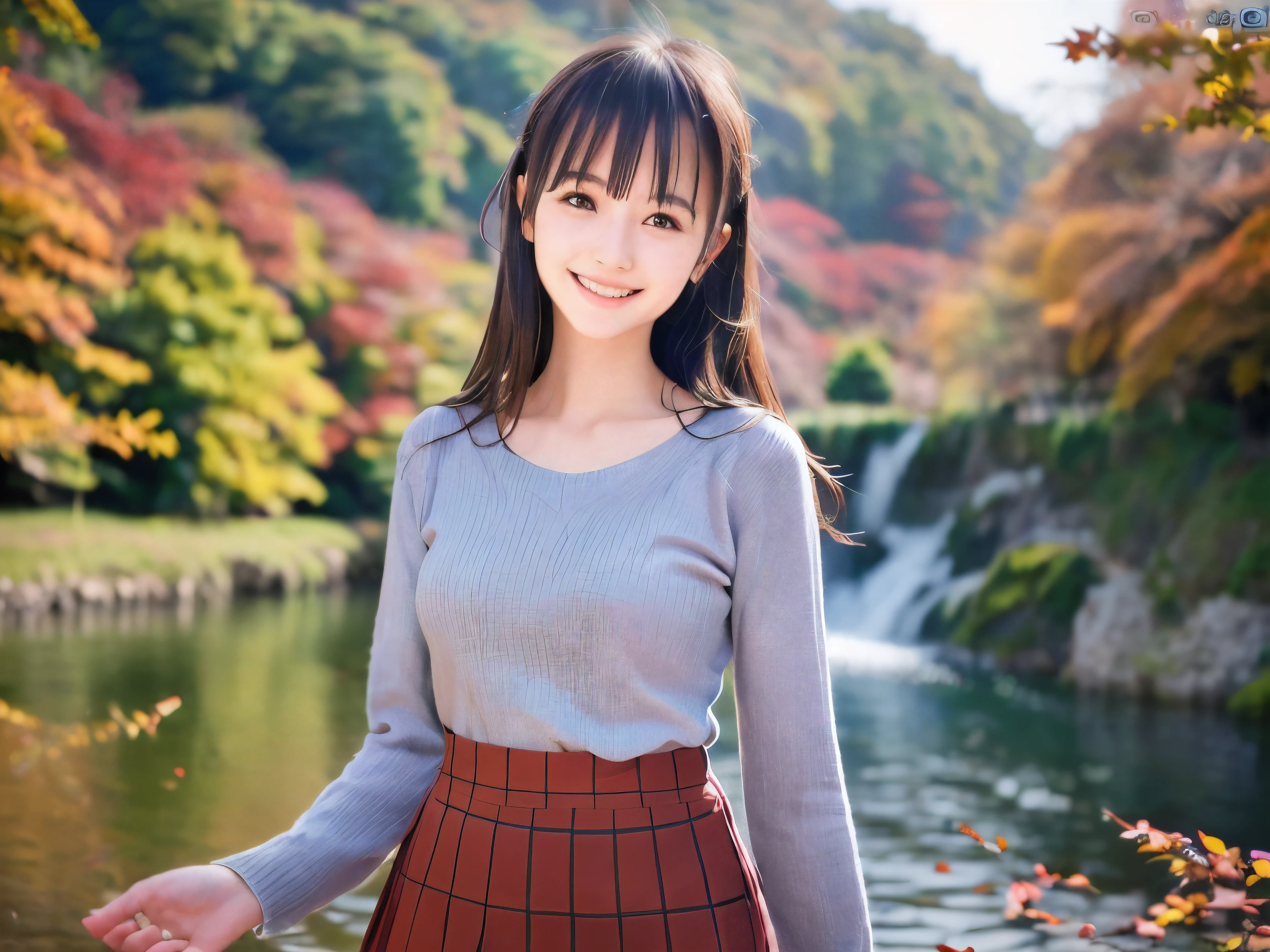(Close up face shot of one slender small breasts half up brown long hair with bangs girl in a long sleeves shirt and sweater and skirt:1.5)、(One girl is dancing with happy smile on the dart road near the lake and big waterfall in Japan:1.5)、(Beautiful autumn red leaves landscpe:1.5)、(Natural light:1.5)、(8k ultra detailed master piece:1.5)、(perfect anatomy:1.5)、(Photorealistic stick:1.5)、(Raw photo:1.3)、(highest quality:1.5)、(High resolution:1.3)、(Delicate and beautiful perfect face:1.3)、(Delicate and beautiful eye air skin:1.3)、(Real Human Skin:1.3)、((thin legs))