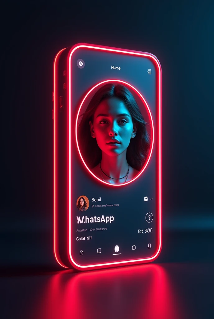 A digital card displaying a WhatsApp with a similar design to the provided the reference image.The card should feature a young person's portrait a circular frame on the left side, with the WhatsApp 3d logo and the text your WhatsApp name Aamir and your followers on the right side.The card should have a neon red outline and a dark background, similar to the reference image.
