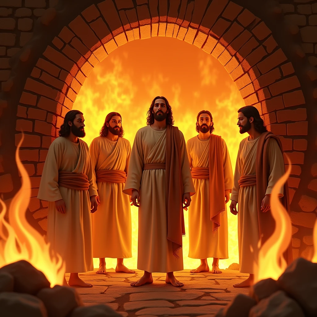 4 men, one of them being Jesus, inside a fiery furnace without getting burned, brick furnace