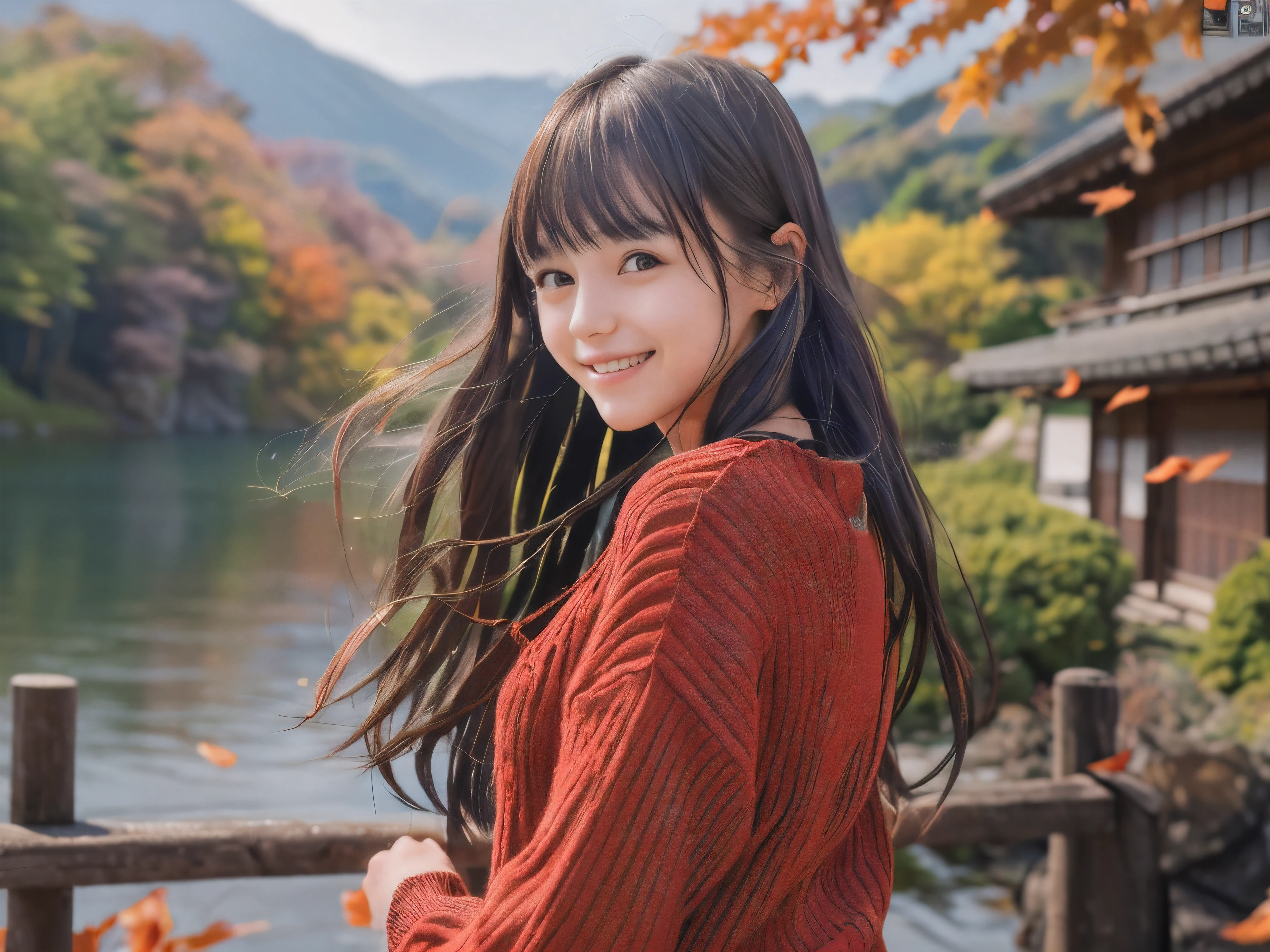 (Close up face shot of one slender small breasts dark silver long hair with swept bangs girl in a long sleeves shirt and sweater and skirt:1.5)、(One girl is dancing with happy smile on the dart road near the lake and big waterfall in Japan:1.5)、(Beautiful autumn red leaves landscape:1.5)、(Natural light:1.5)、(8k ultra detailed master piece:1.5)、(perfect anatomy:1.5)、(Photorealistic stick:1.5)、(Raw photo:1.3)、(highest quality:1.5)、(High resolution:1.3)、(Delicate and beautiful perfect face:1.3)、(Delicate and beautiful eye air skin:1.3)、(Real Human Skin:1.3)、((thin legs))