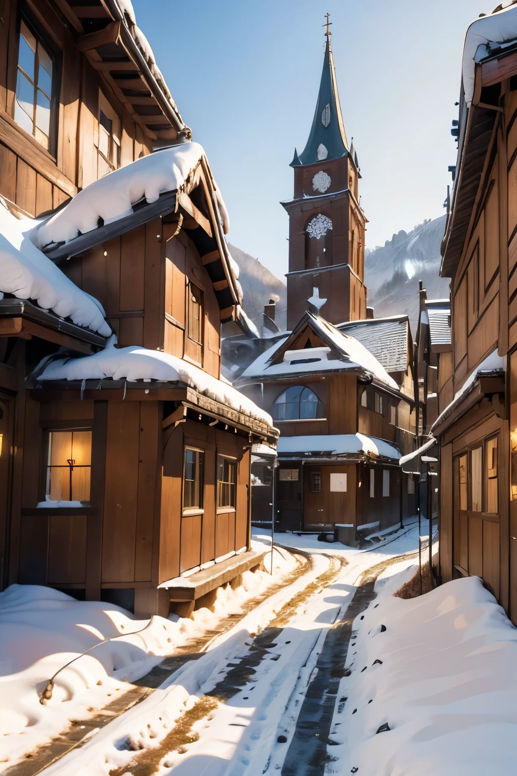 In this fascinating winter scene, An ancient village nestled in the snow. Old wooden house, Decorated with flickering candlelight, Emit a warm and inviting glow. Snow-covered cobblestone streets wind through the village, Leading to the picturesque central square. In the distance, A quaint church towering steeple in the quiet, Snow-capped landscape.