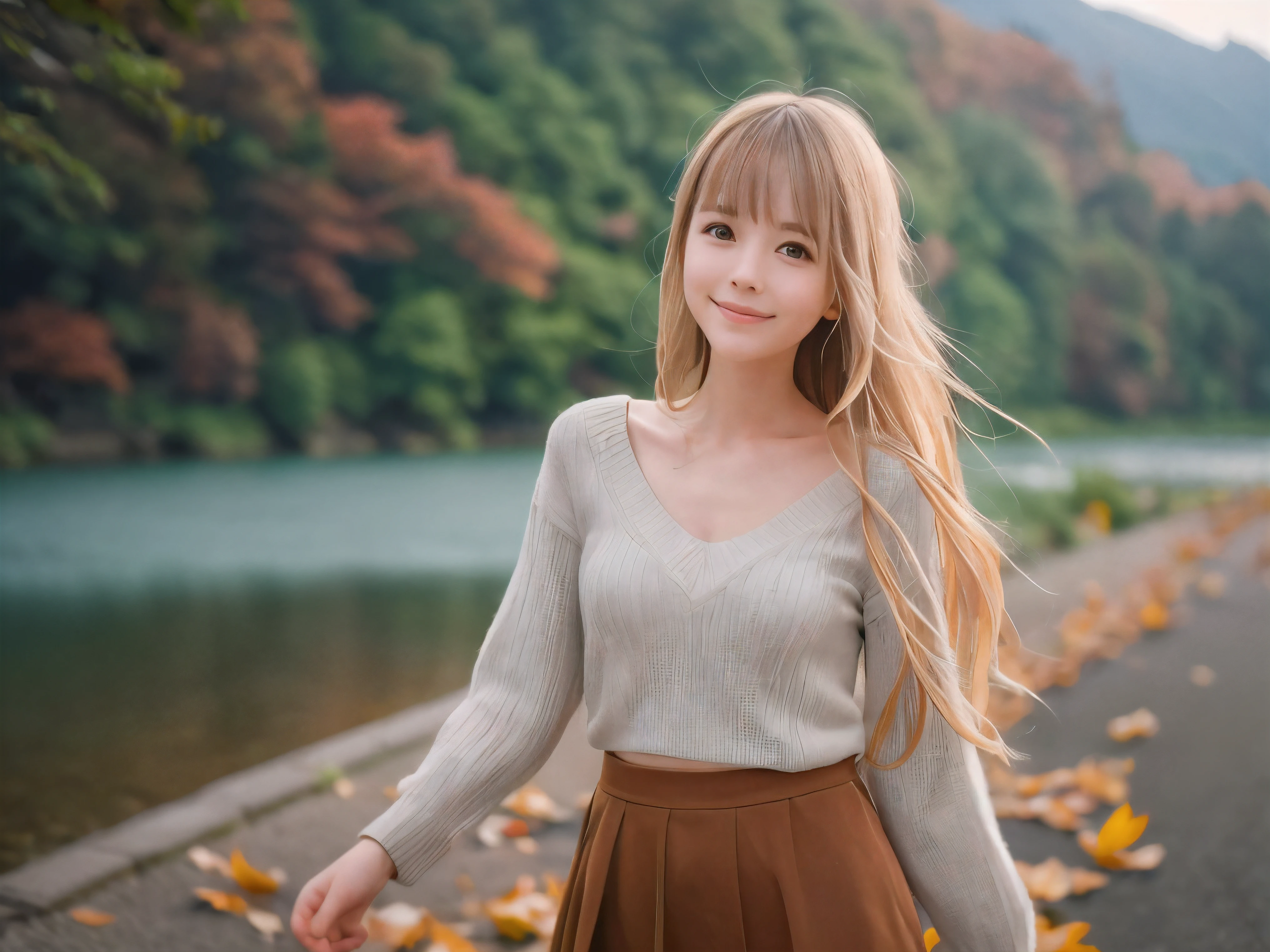 (Close up face shot of one slender small breasts half up blonde long hair with bangs girl in a long sleeves shirt and sweater and skirt:1.5)、(One blonde hair girl is dancing with small smile on the dart road near the lake and big waterfall in Japan:1.5)、(Beautiful autumn red leaves landscape:1.5)、(Natural light:1.5)、(8k ultra detailed master piece:1.5)、(perfect anatomy:1.5)、(Photorealistic stick:1.5)、(Raw photo:1.3)、(highest quality:1.5)、(High resolution:1.3)、(Delicate and beautiful perfect face:1.3)、(Delicate and beautiful eye air skin:1.3)、(Real Human Skin:1.3)、((thin legs))