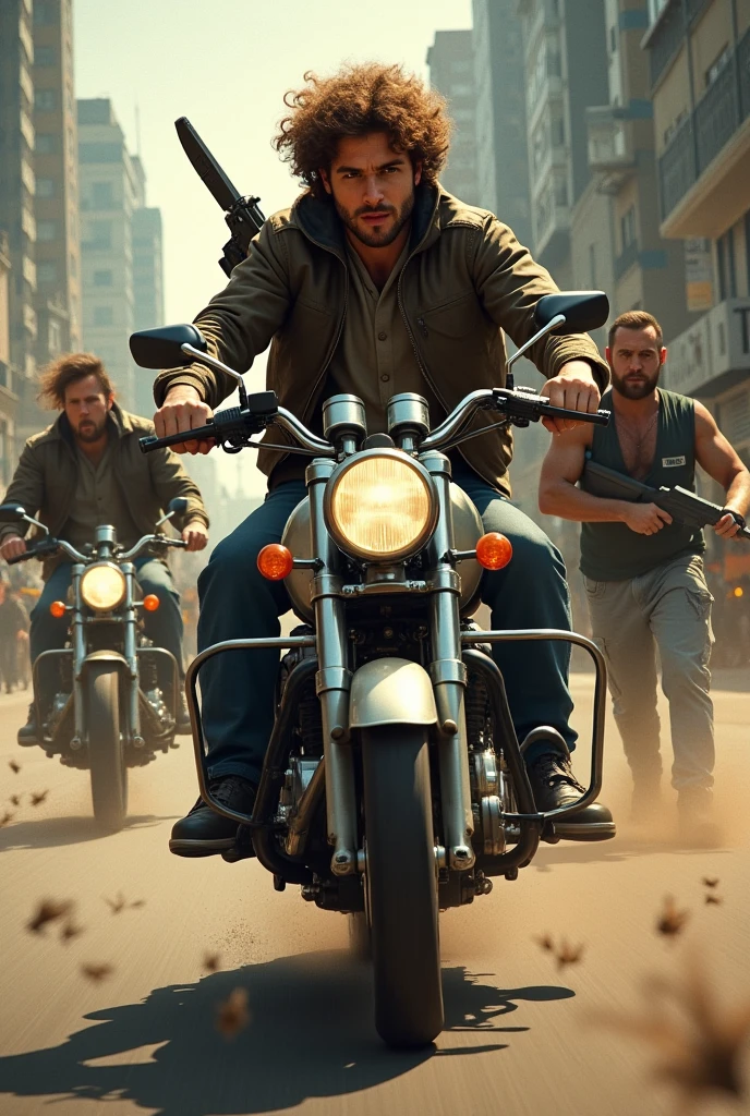 Create a movie poster that features a brown person, curly hair, with bombs and a short cholo with a machete escaping from two brown people on a motorcycle with weapons