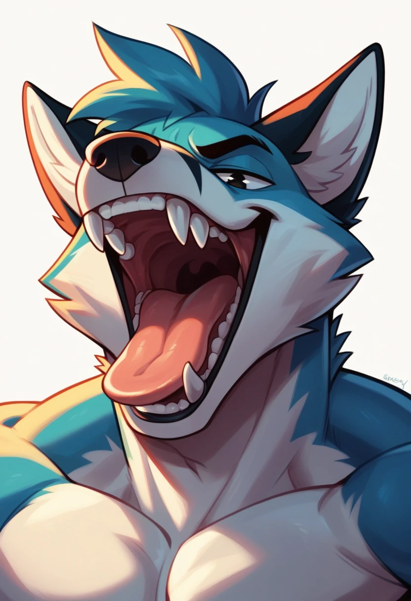 anthro fox, muscular, swaggy, glitchy, close up portrait, bottom view, opened mouth, tongue out, defying look, spiky hairs,
BREAK,
(best quality, high quality:1.4),
good colors,