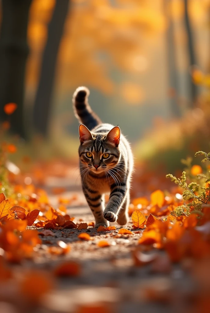8(photorealism:1.2), Photograph of an elegant cat running along a path of orange autumn leaves, Taken with a Canon EOS R5 with a depth of field f2.8, 85mm lens, 32k resolution, natural light, and realistic details --v 5 --q 3 --uplight