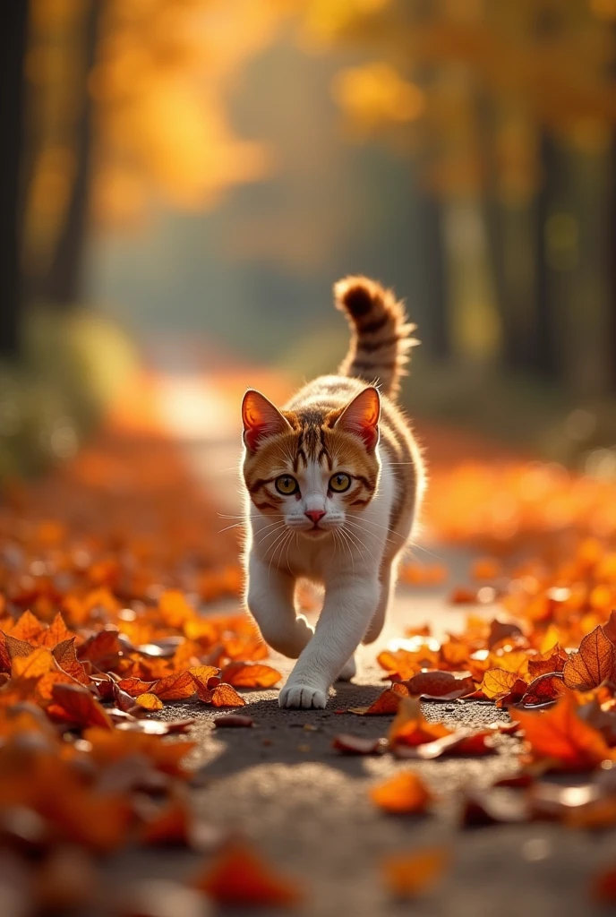 8(photorealism:1.2), Photograph of an elegant cat running along a path of orange autumn leaves, Taken with a Canon EOS R5 with a depth of field f2.8, 85mm lens, 32k resolution, natural light, and realistic details --v 5 --q 3 --uplight