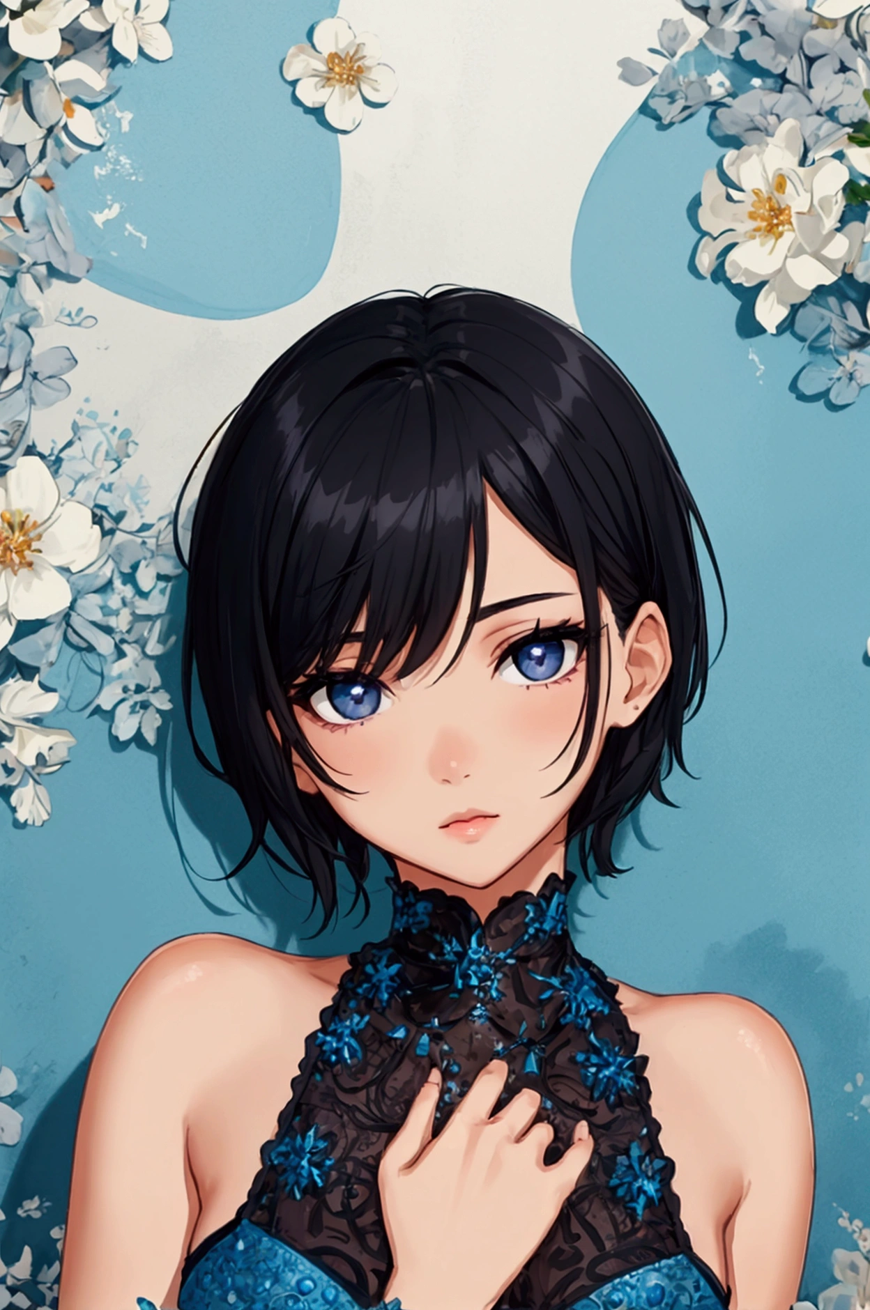 A beautiful girl with a tan skin, black eye pupils, short black hair cut on the sides, wearing a blue dress, tomboy style