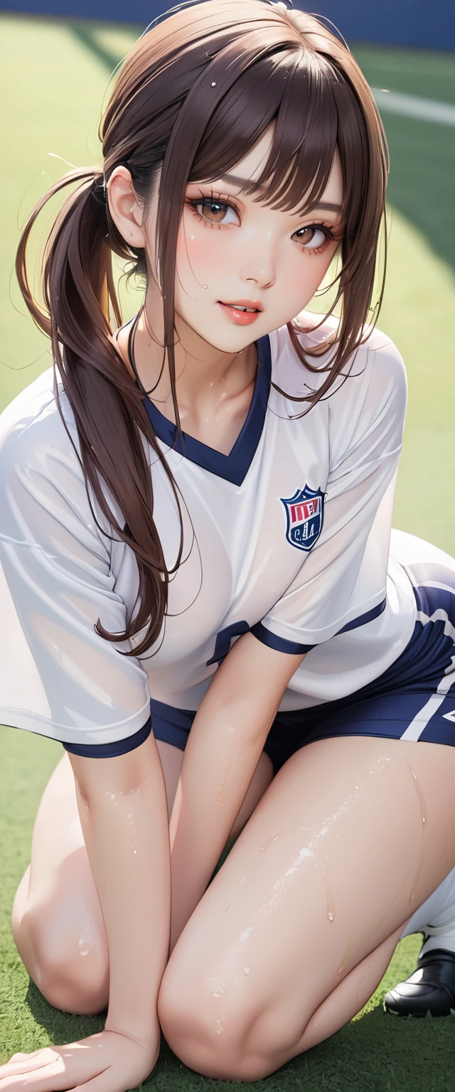 (masterpiece,best quality,Ultra-high resolution),Japanese woman, (((Very beautiful 20 year old girl))), pretty girl、Look at the photographer､  ((Beautiful low ponytail)), Super cute face, Glossy lips, Double eyelids,Natural smile、 Natural Makeup, Long eyelashes, Shiny and smooth hair､Center Image,  Perfect limbs, Perfect anatomical structure,(((White football uniform))),(Sweat soaked),Men&#39;s winning streak,((sit down))