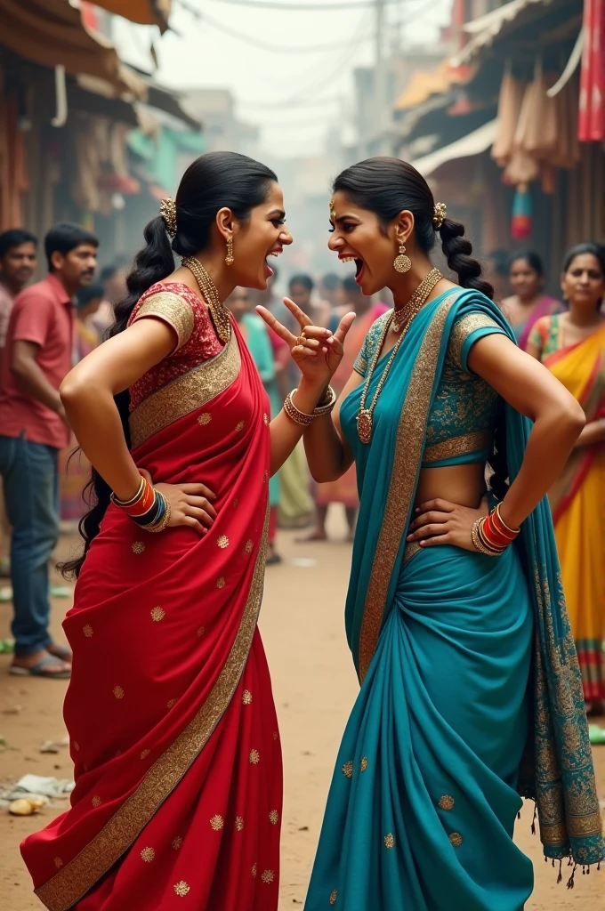 Two women in vibrant, traditional sarees are arguing passionately in a bustling marketplace. One woman, wearing a red saree with gold embroidery, has her hands on her hips, her expression fierce and determined. The other woman, dressed in a blue saree with silver patterns, is pointing angrily, her face contorted in frustration. Around them, bystanders look on in shock and curiosity, creating a lively and chaotic scene filled with colorful stalls, fruits, and fabrics. The women's aggressive body language and intense expressions suggest a heated and emotional argument."