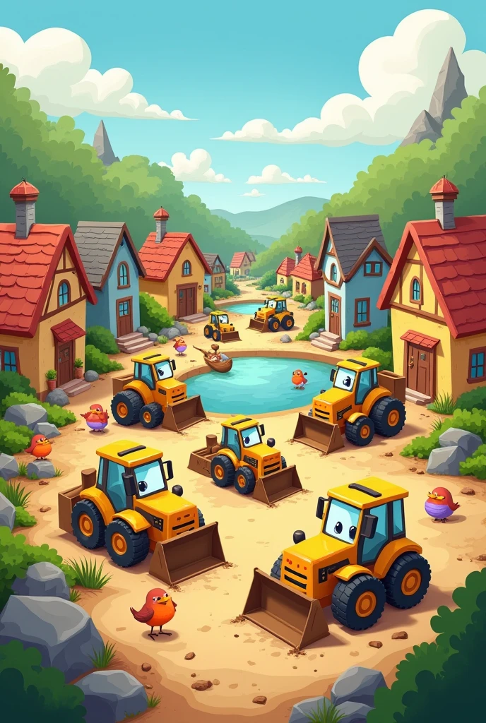 Create  cartoon mini dozers 5 work with village 