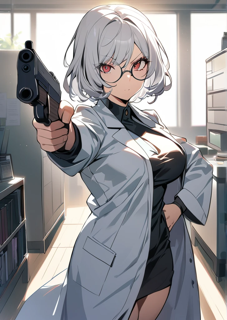 1 girl, scientist, pointing a gun, short hair, scientist coat, round glasses, crimson eyes, white hair, mature lady, 8k, 4k masterpiece perfect body, anime girl