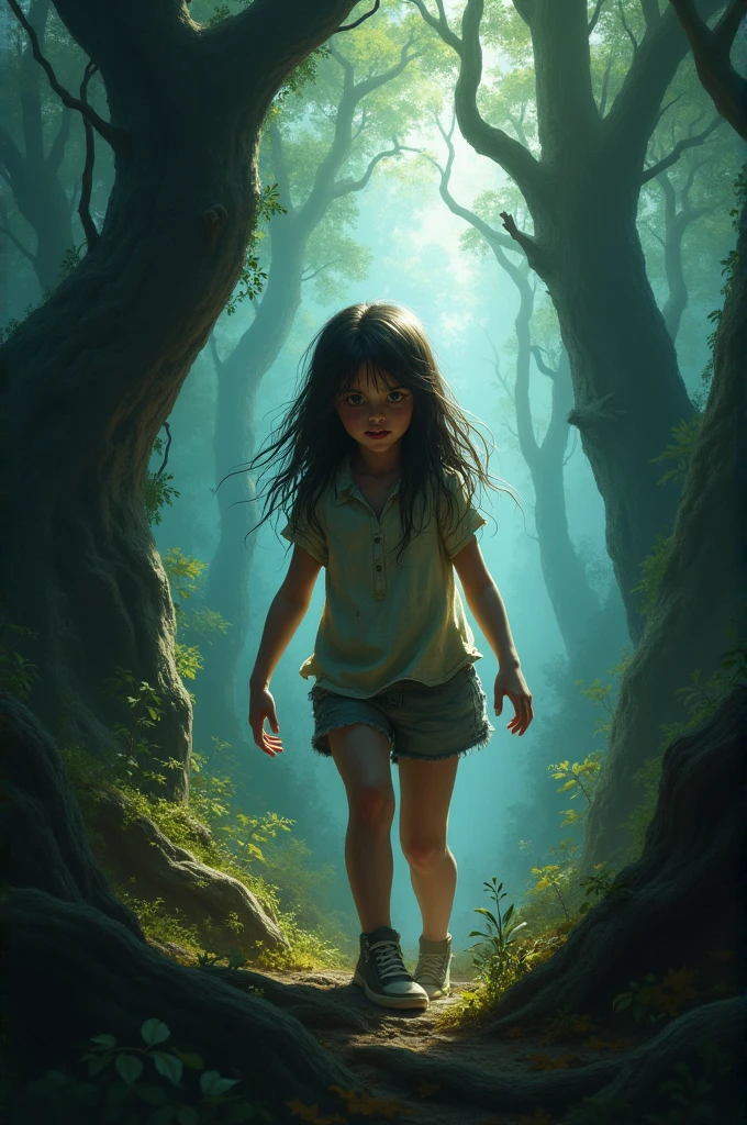 A scared girl in forest
