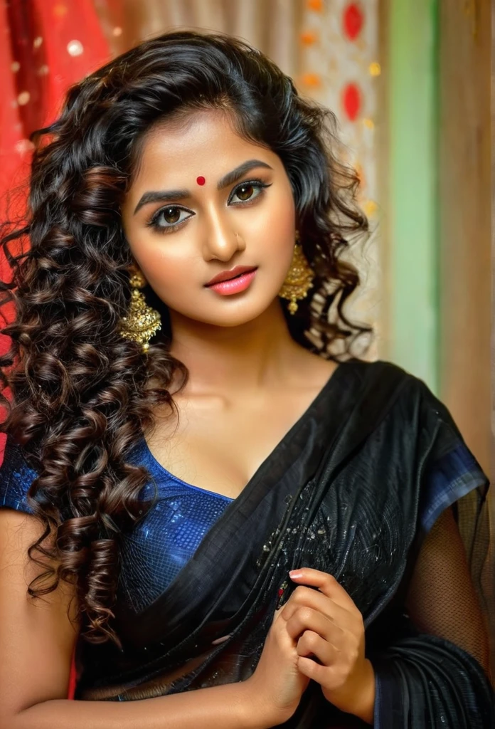 Beautiful girl curly hair fair complexion most beautiful girl 4k details HDR volumetric lighting 8k details background in bedroom on the bed wearing black net saree indian traditional dress 