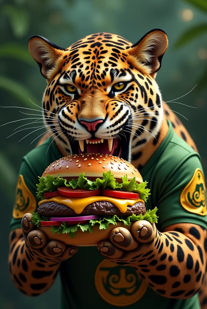 Leopard eating burger with green and gold shirt