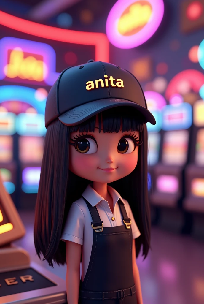 A chibi-style 3D rendering of a modern casino. In the foreground is a cashier named Maria with long, straight black hair. She is wearing a black cap with the metallic gold text "anita." Maria is sitting next to a logo with the text "anita." The background is a modern casino with neon lights and slot machines. The overall image is a mix of photography and digital art.