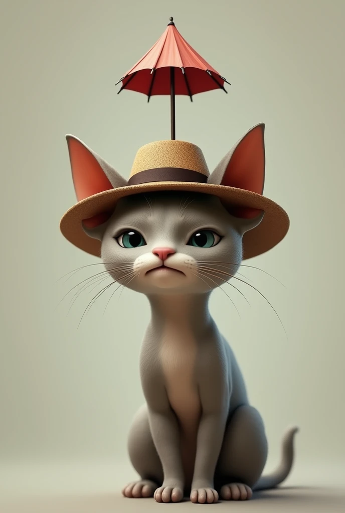 A bald cat wearing a hat with an umbrella