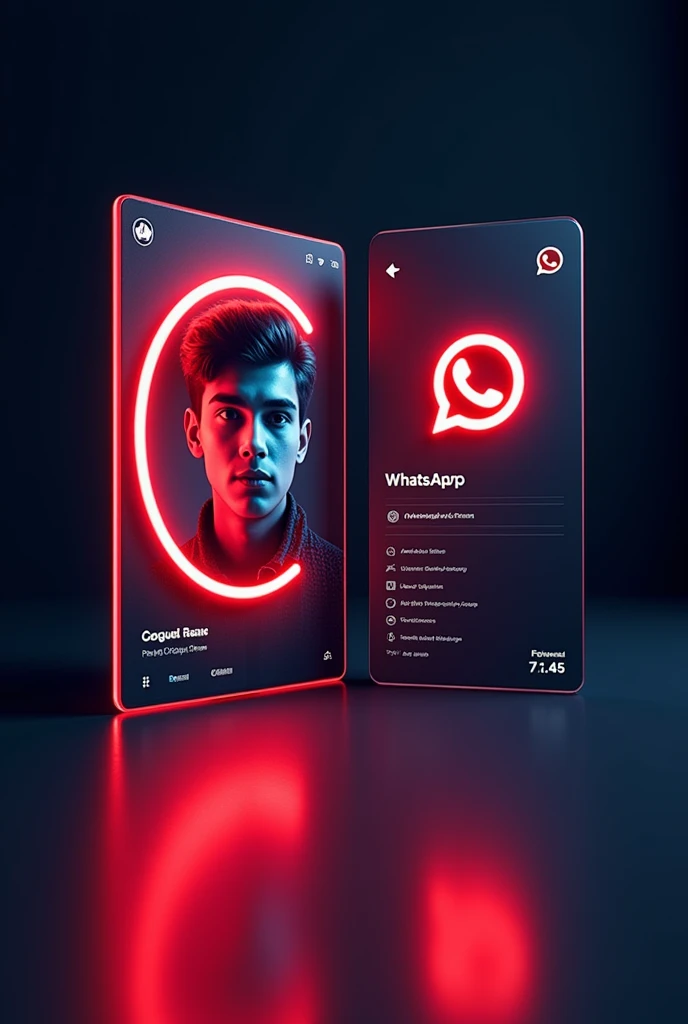 A digital card displaying a WhatsApp with a similar design to the provided the reference image.The card should feature a young person's portrait a circular frame on the left side, with the WhatsApp 3d logo and the text your WhatsApp name Aamir and your followers on the right side.The card should have a neon red outline and a dark background, similar to the reference image.