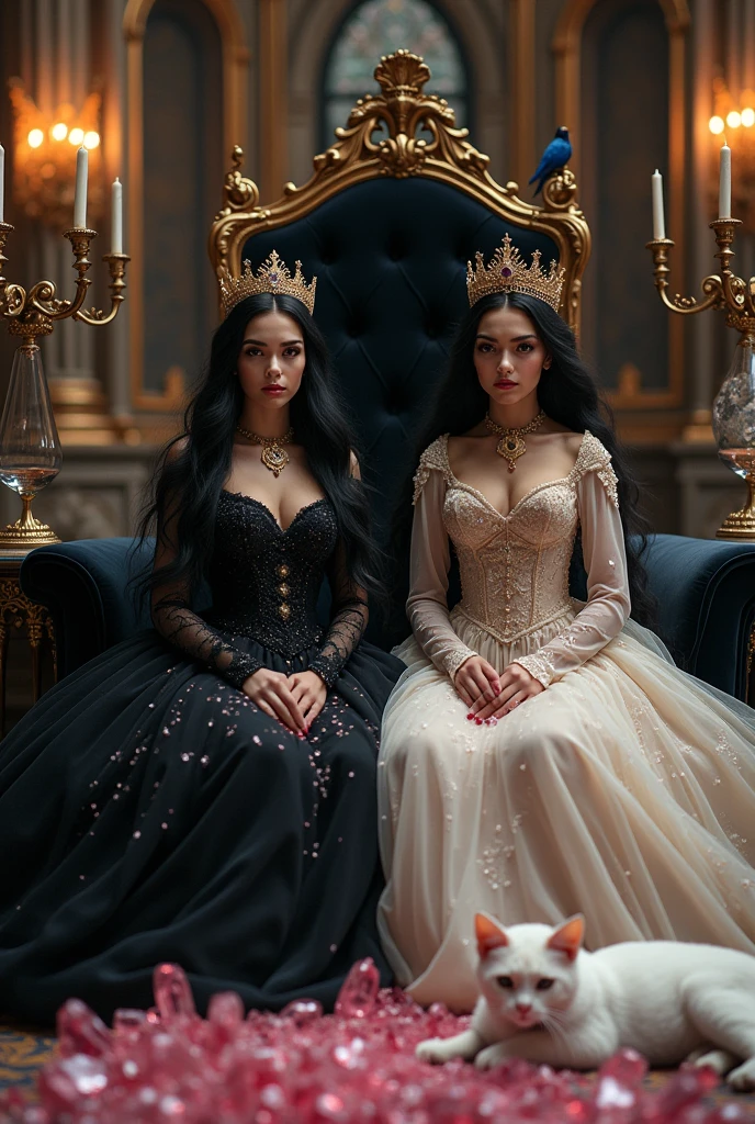 "A full-body shot of a extra wide scene in a dark medeval ballroom in an old palace. 2 queen twin sisters with big light-colored eyes, super-long shiny blackest hair, ((Detailed face:1.2)), perfect beautiful teeth, perfect hands, five fingers on each hand, big breasts cleavage, most perfect eyes 1:1, white perfect skin, rosy cheeks. They are dancing in a middle of a big enormous ballroom with sparkling pink cristals everywhere in the candelight 1:1 Wearing a layered black, white and gold ballroom dresses with lace and shiffon. leans bending to the side nonchalantly beside a black thrown. On their head is a gold crown, adorned with pink crystals 1:1. A white cat lounges on the floor in front of her 1:1, while a blue bird perches atop the throne. The scene includes a elegant, extraordinairy beautiful gothic empresses, striking a bendover poses, excited and laughing. their long black hair flowing all around. Embodying a beautiful yet disheveled gothic queens (Best Quality) (Detailed). The environment exudes a medieval fantasy vibe, with a big black intricate throne, a dark medeval chandelier with few candles hanging from the ceiling a very low romantic lighting. In a fantastic scene that uses 3D Surreal 3D model. Big gold gothic medieval five armed candlesticks sit on a blacktable, surrounded by crystal wine glasses—one tipped over and another half-full of wine. The entire setup is Best Quality, masterpiece yet regal, capturing the essence of a beautiful and happy girls, fantastical gothic setting, moist, Reflectors, low lighting from right , framed with the grandeur of medieval gothic style. photographed in a Canon EOS R5, 50mm Lens, F/2.8, nffsw, (8K)"