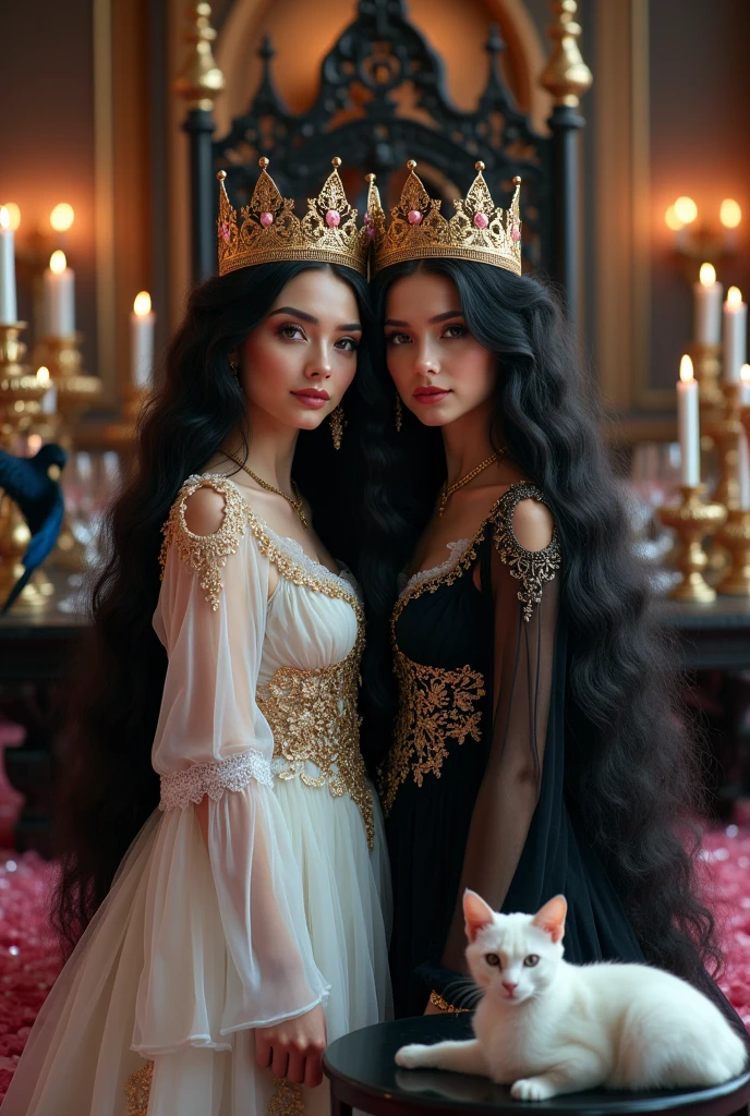 "A full-body shot of a extra wide scene in a dark medeval ballroom in an old palace. 2 queen twin sisters with big light-colored eyes, super-long shiny blackest hair, ((Detailed face:1.2)), perfect beautiful teeth, perfect hands, five fingers on each hand, big breasts cleavage, most perfect eyes 1:1, white perfect skin, rosy cheeks. They are dancing in a middle of a big enormous ballroom with sparkling pink cristals everywhere in the candelight 1:1 Wearing a layered black, white and gold ballroom dresses with lace and shiffon. leans bending to the side nonchalantly beside a black thrown. On their head is a gold crown, adorned with pink crystals 1:1. A white cat lounges on the floor in front of her 1:1, while a blue bird perches atop the throne. The scene includes a elegant, extraordinairy beautiful gothic empresses, striking a bendover poses, excited and laughing. their long black hair flowing all around. Embodying a beautiful yet disheveled gothic queens (Best Quality) (Detailed). The environment exudes a medieval fantasy vibe, with a big black intricate throne, a dark medeval chandelier with few candles hanging from the ceiling a very low romantic lighting. In a fantastic scene that uses 3D Surreal 3D model. Big gold gothic medieval five armed candlesticks sit on a blacktable, surrounded by crystal wine glasses—one tipped over and another half-full of wine. The entire setup is Best Quality, masterpiece yet regal, capturing the essence of a beautiful and happy girls, fantastical gothic setting, moist, Reflectors, low lighting from right , framed with the grandeur of medieval gothic style. photographed in a Canon EOS R5, 50mm Lens, F/2.8, nffsw, (8K)"
