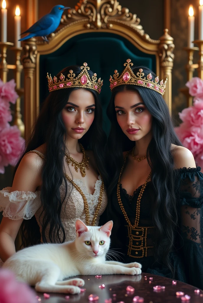 "A full-body shot of a extra wide scene in a dark medeval ballroom in an old palace. 2 queen twin sisters with big light-colored eyes, super-long shiny blackest hair, ((Detailed face:1.2)), perfect beautiful teeth, perfect hands, five fingers on each hand, big breasts cleavage, most perfect eyes 1:1, white perfect skin, rosy cheeks. They are dancing in a middle of a big enormous ballroom with sparkling pink cristals everywhere in the candelight 1:1 Wearing a layered black, white and gold ballroom dresses with lace and shiffon. leans bending to the side nonchalantly beside a black thrown. On their head is a gold crown, adorned with pink crystals 1:1. A white cat lounges on the floor in front of her 1:1, while a blue bird perches atop the throne. The scene includes a elegant, extraordinairy beautiful gothic empresses, striking a bendover poses, excited and laughing. their long black hair flowing all around. Embodying a beautiful yet disheveled gothic queens (Best Quality) (Detailed). The environment exudes a medieval fantasy vibe, with a big black intricate throne, a dark medeval chandelier with few candles hanging from the ceiling a very low romantic lighting. In a fantastic scene that uses 3D Surreal 3D model. Big gold gothic medieval five armed candlesticks sit on a blacktable, surrounded by crystal wine glasses—one tipped over and another half-full of wine. The entire setup is Best Quality, masterpiece yet regal, capturing the essence of a beautiful and happy girls, fantastical gothic setting, moist, Reflectors, low lighting from right , framed with the grandeur of medieval gothic style. photographed in a Canon EOS R5, 50mm Lens, F/2.8, nffsw, (8K)"
