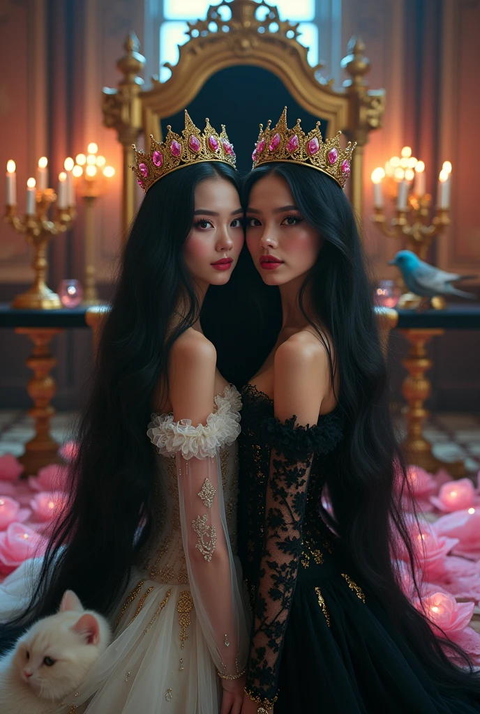 "A full-body shot of a extra wide scene in a dark medeval ballroom in an old palace. 2 queen twin sisters with big light-colored eyes, super-long shiny blackest hair, ((Detailed face:1.2)), perfect beautiful teeth, perfect hands, five fingers on each hand, big breasts cleavage, most perfect eyes 1:1, white perfect skin, rosy cheeks. They are dancing in a middle of a big enormous ballroom with sparkling pink cristals everywhere in the candelight 1:1 Wearing a layered black, white and gold ballroom dresses with lace and shiffon. leans bending to the side nonchalantly beside a black thrown. On their head is a gold crown, adorned with pink crystals 1:1. A white cat lounges on the floor in front of her 1:1, while a blue bird perches atop the throne. The scene includes a elegant, extraordinairy beautiful gothic empresses, striking a bendover poses, excited and laughing. their long black hair flowing all around. Embodying a beautiful yet disheveled gothic queens (Best Quality) (Detailed). The environment exudes a medieval fantasy vibe, with a big black intricate throne, a dark medeval chandelier with few candles hanging from the ceiling a very low romantic lighting. In a fantastic scene that uses 3D Surreal 3D model. Big gold gothic medieval five armed candlesticks sit on a blacktable, surrounded by crystal wine glasses—one tipped over and another half-full of wine. The entire setup is Best Quality, masterpiece yet regal, capturing the essence of a beautiful and happy girls, fantastical gothic setting, moist, Reflectors, low lighting from right , framed with the grandeur of medieval gothic style. photographed in a Canon EOS R5, 50mm Lens, F/2.8, nffsw, (8K)"