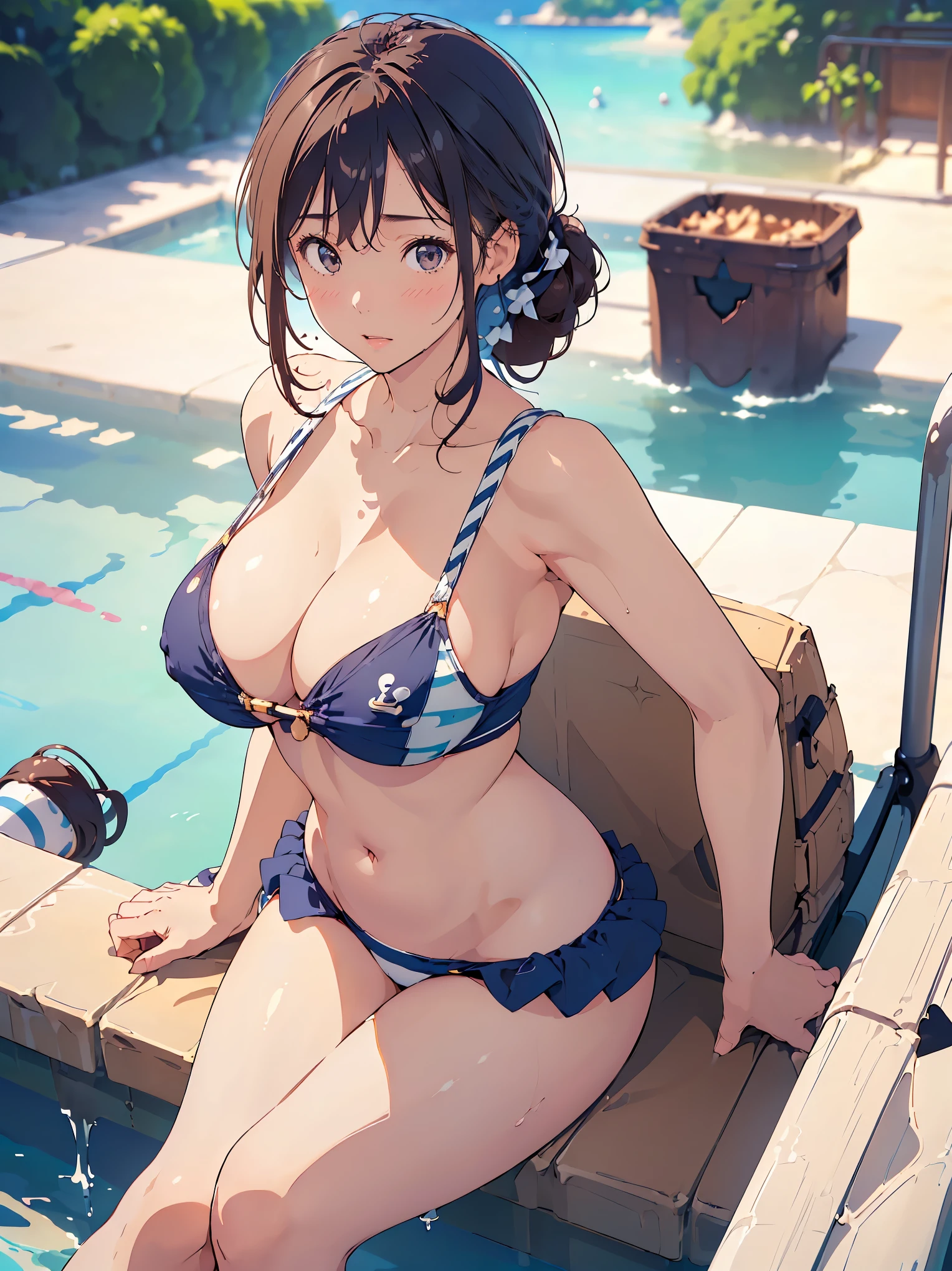 masterpiece,Highest quality, Ultra-high resolution,(clear, Beautiful woman:1.2),Beautiful Skin,(Upward-facing chest, Beautiful big boobs:1.5), Cleavage:1.3, (Happy:1.2),(enjoy:1.2), Embarrassing, blush, (Black Hair:1), Short Curly Ponytail, (Squint your eyes:1.4), Wet body, Hot body, Browsing Caution, ((Random Color, Swimwear, Navy blue and white, brown:1.5),((Realistic skin texture, Firm breasts)), Sensual look, sexy:1.3, Above the knee shot, Public Pool, ((Realistic Background)), Face Focus , Looking into the camera, (Cleavageを見せびらかす), Beautiful clavicle,