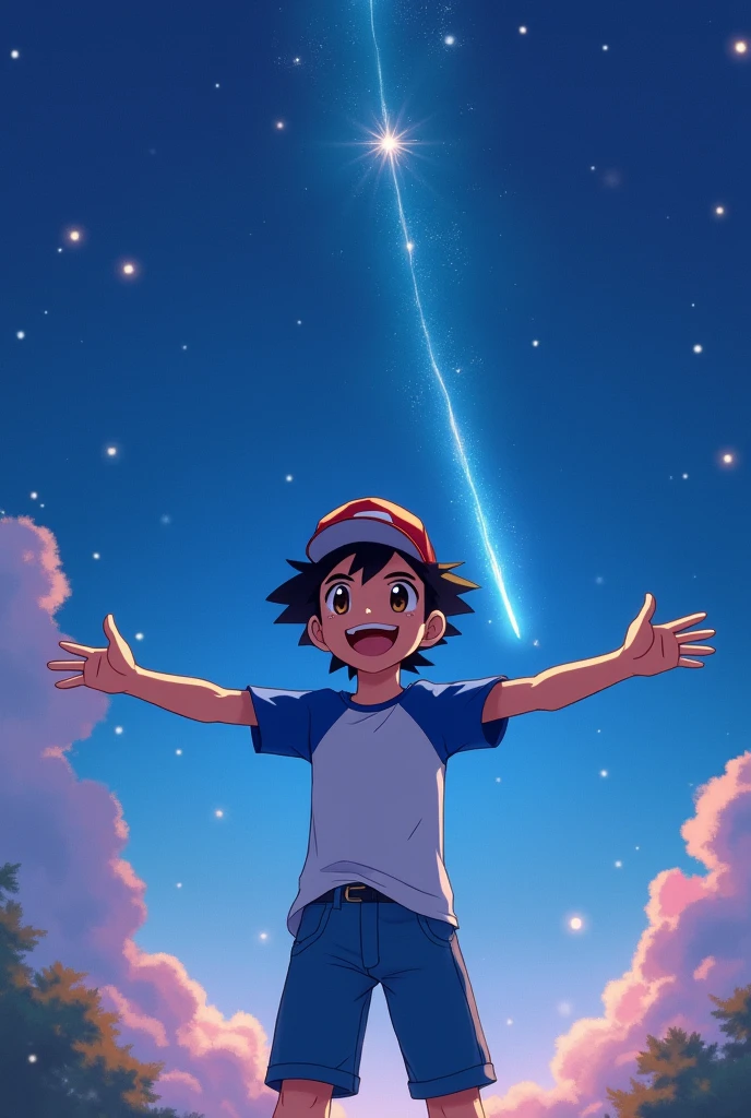 (Ash_pokemom)(Brown eyes, black hair, blue and white t-shirt with jeans, hat ) (1)
, readiant smile, in the light of the moon, anime realistic , star , handsome guy , magic moment, 4k , only our , beautiful night, shooting star, smile, smile , looking front , look ahead , arms outstretched forward