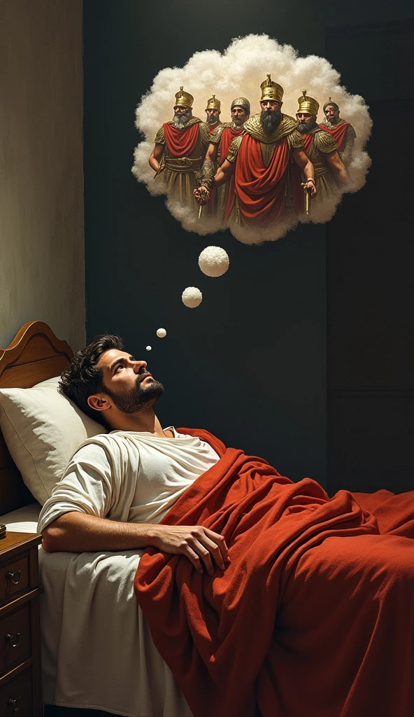 Marcus Aurelius lying on a single bed, looking at the ceiling, with a thought bubble showing annoying people or challenges (like Roman soldiers shouting, important documents, etc.) while he remains calm.