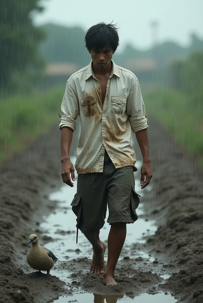 Ik ladka jo ghav me shdk pr chl rha h shdk pe barish ke karn kiched h ladke ne white shirt phni hui h jispe kiched lga hua h or wha pr kiched me ik bens bethi hui h