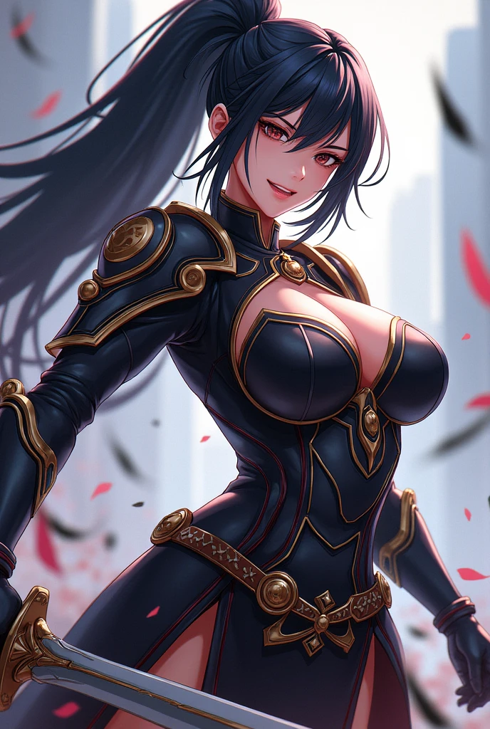 (ponytail forehead hair pulled back:1.3), (black hair:1.3), a drawing of a female character with a sword and armor, anime style, from girls frontline, fine details. girls frontline, girls frontline universe, girls frontline style, girls frontline, girls frontline cg, 2 0 2 2 anime style, 2022 anime style, concept art 2022,