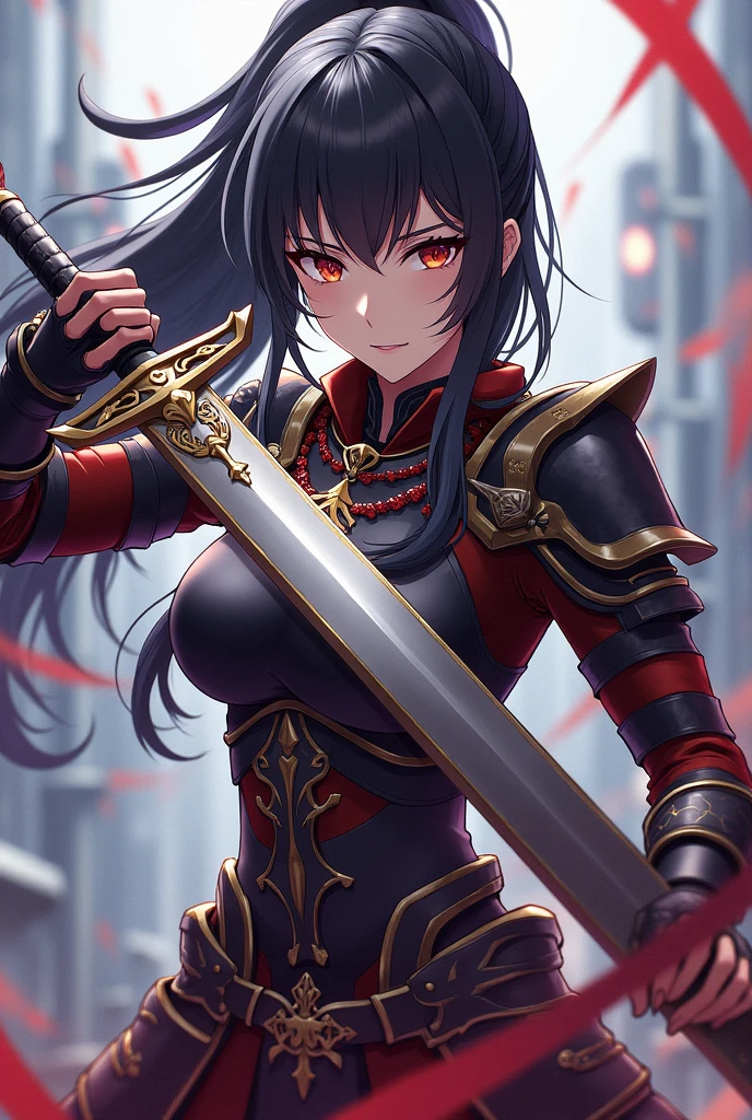 (ponytail forehead hair pulled back:1.3), (black hair:1.3), a drawing of a female character with a sword and armor, anime style, from girls frontline, fine details. girls frontline, girls frontline universe, girls frontline style, girls frontline, girls frontline cg, 2 0 2 2 anime style, 2022 anime style, concept art 2022,