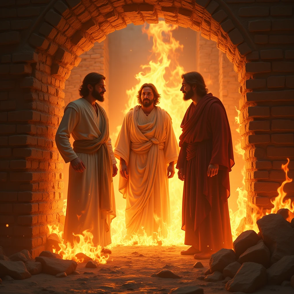 3 men, one of them being Jesus, inside a fiery furnace without getting burned, brick furnace 