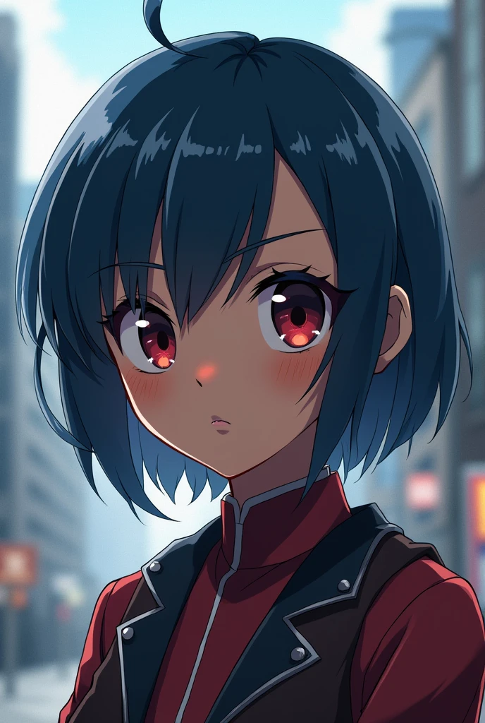 Create a girl with a man&#39;s haircut, that your hair color is dark blue ,that he has a serious expression and that his eye colors are one red and one black, that your skin is brown ,Boku no hero style

