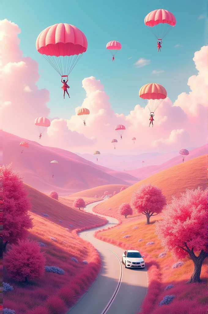 Pink landscape,sky , parasuit many , road , car is going