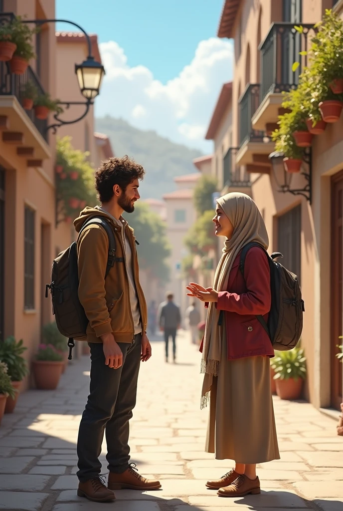 
An image of a traveler chatting with a local on a picturesque street. The traveler is using phrases in the local language, and the local is smiling and responding kindly. The scene conveys a sense of connection and cordiality., with a typical architecture in the background.