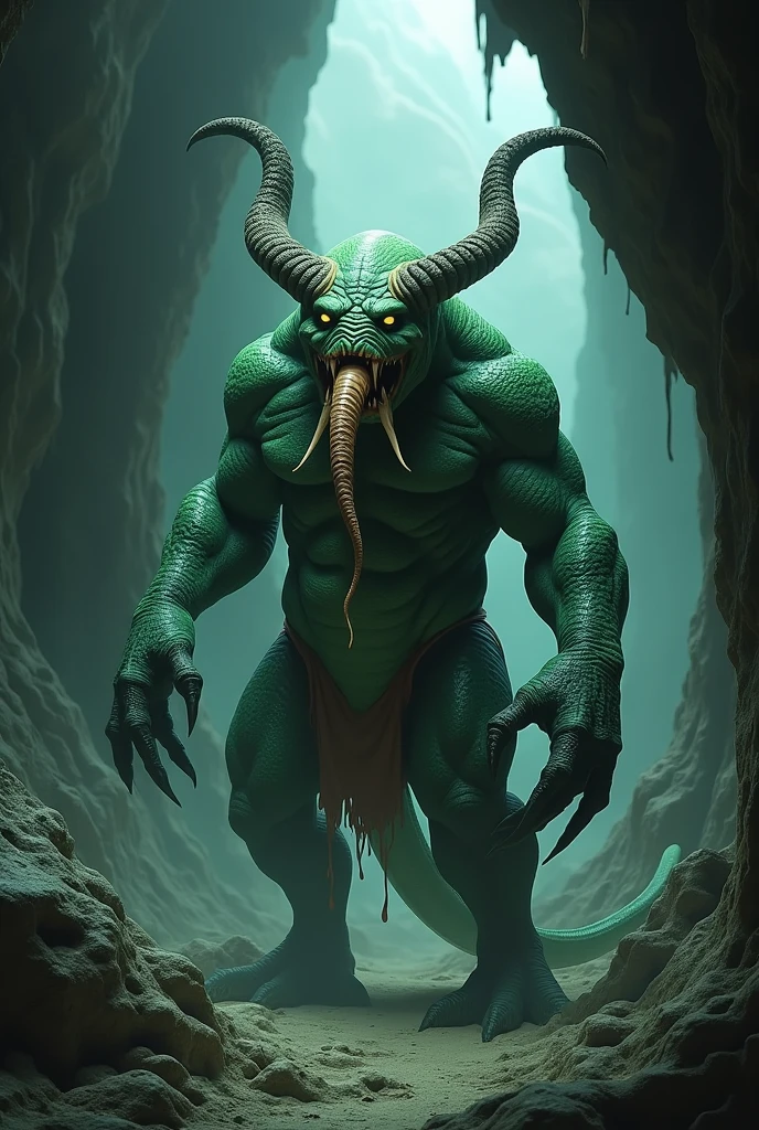 Create an original yokai named Dokuhaki Baba. This yokai has a snake-like tongue, green skin, sharp fangs, long curved claws, spits venomous saliva, has horns like a demon, and a wrinkled face. The background is a dimly lit mountain cave, emphasizing a venomous and eerie atmosphere.
